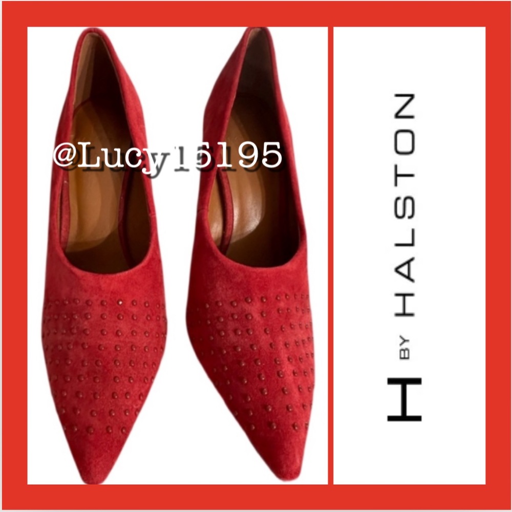 ❤️H by Halston Moyen Laurel Red Suede Studded Block Heel